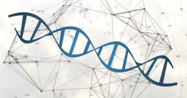 Beyaz arka planda DNA iplikçiklerinin animasyonu. küresel bilim ve dijital arayüz kavramı dijital olarak oluşturulmuş video.
