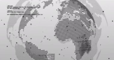 Gri arka planda dönen dünya üzerinde veri işleme animasyonu. küresel veri işleme, ağ ve teknoloji konsepti dijital olarak oluşturulmuş video.