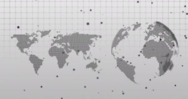 Dünya haritasında hareket eden noktaların ve gri arka planda dönen dünyanın animasyonu. küresel veri işleme, ağ ve teknoloji konsepti dijital olarak oluşturulmuş video.