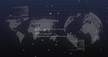 Dünya haritasında noktaların ve veri işlemenin animasyonu ve donanma arka planında dönen dünya. küresel veri işleme, ağ ve teknoloji konsepti dijital olarak oluşturulmuş video.