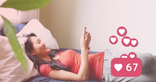 Animation Media Icons Happy Asian Woman Using Smartphone Social Media — Stockvideo