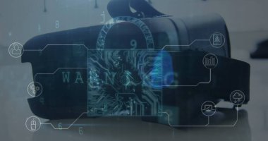 Sanal gerçeklik kulaklığının dijital bileşimi ve ön planda etiketleri olan dijital kilit