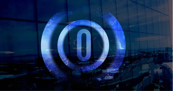 Animated blue countdown against glass windows background 4k