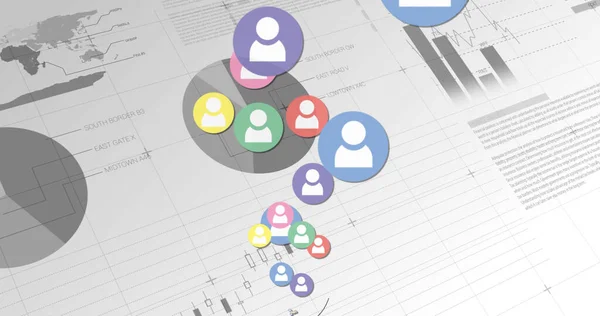 Digitales Bild Von Schwebenden Farbigen Folgesymbolen Während Diagramme Und Grafiken — Stockfoto