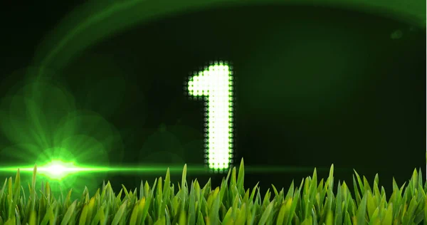 Geanimeerde Countdown Met Verlichting Gras Tegen Digitale Geanimeerde Achtergrond — Stockfoto