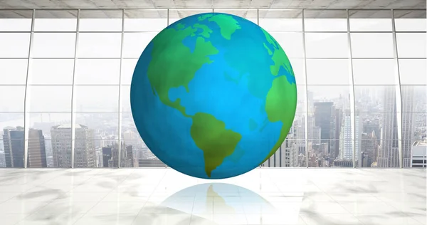 Digital Composite Spinning Animated Globe Empty Business Office Background Floor — ストック写真