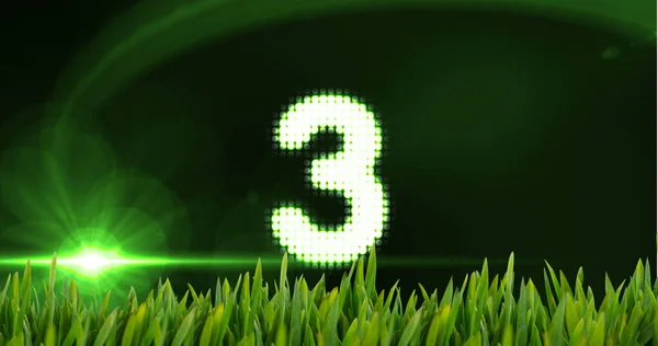 Animierter Countdown Mit Licht Und Gras Vor Digital Animiertem Hintergrund — Stockfoto