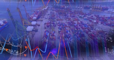 Digital composite of aerial view of a big seaport with color graphic in foreground 