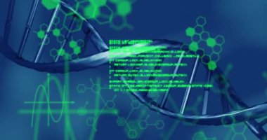 Mavi arka planda dönen DNA yapısı üzerinde tıbbi veri işleme. tıbbi araştırma ve bilim teknolojisi kavramı