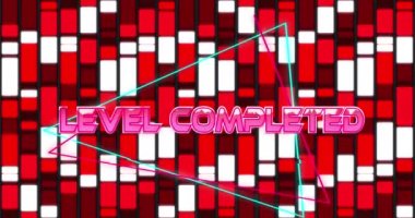 Level completed text over neon triangular shapes against red abstract shapes on black background. sale discount and retail business concept