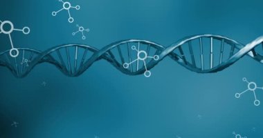 Mavi arka planda dönen DNA yapısı üzerinde yüzen moleküler yapılar. tıbbi araştırma ve bilim teknolojisi kavramı