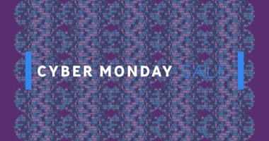 Cyber monday sale text banner against abstract blue shapes on purple background. sale discount and retail business concept