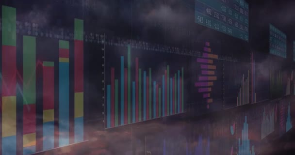 Multiple Screens Financial Data Processing Rain Dark Clouds Sky Global — Stockvideo