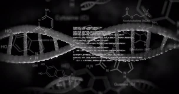 Структура Днк Обертається Хімічні Структури Проти Обробки Даних Чорному Фоні — стокове відео