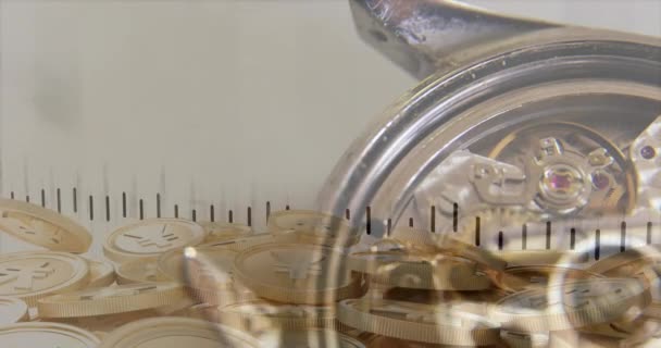 Elaborazione Dei Dati Finanziari Vicino Orologio Monete Oro Yen Sfondo — Video Stock