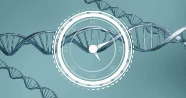 Digital Clock Ticking Dna Structures Spinning Blue Background Medical Research — Vídeo de Stock