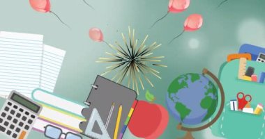 Havai fişek gösterisi ve mavi arka planda fotokopi alanı olan bir sürü pembe balon. okul ve eğitim kavramı