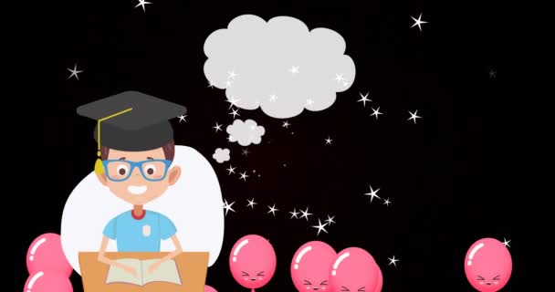 Graduated Boy Icon Multiple Pink Balloons Copy Space Black Background — Video