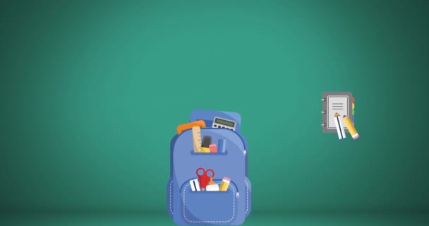 Multiple School Items Floating School Bag Copy Space Green Background — Αρχείο Βίντεο