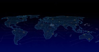 Dünya haritası üzerinde veri işleme animasyonu. küresel bağlantılar, dijital arayüz ve dijital olarak oluşturulmuş video işleme konsepti.