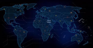 Dünya haritasında işaretleyicilerin ve veri işlemenin animasyonu. küresel bağlantılar, dijital arayüz ve dijital olarak oluşturulmuş video işleme konsepti.