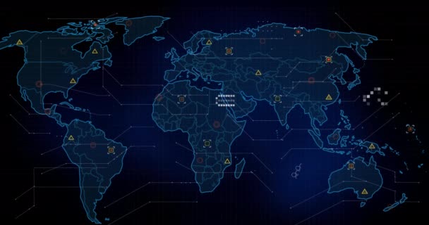 Animație Markeri Prelucrarea Datelor Harta Lumii Conexiuni Globale Interfață Digitală — Videoclip de stoc