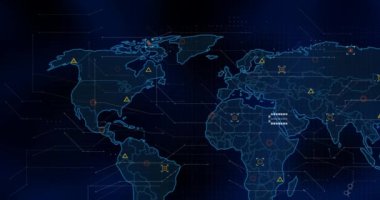 Animation of markers and data processing over world map. global connections, digital interface and data processing concept digitally generated video.