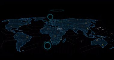 Dünya haritası üzerinde insan simgeleri ve veri işleme bağlantılarının animasyonu. küresel bağlantılar, dijital arayüz ve dijital olarak oluşturulmuş video işleme konsepti.