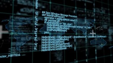 Dünya haritası üzerinde veri işleme animasyonu. küresel bağlantılar, dijital arayüz ve dijital olarak oluşturulmuş video işleme konsepti.