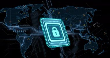 Dünya haritası üzerinde çevrimiçi güvenlik kilidi, işaretleyiciler ve veri işleme animasyonları. küresel bağlantılar, dijital arayüz ve dijital olarak oluşturulmuş video işleme konsepti. ,