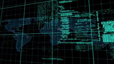 Animation of data processing over world map. global connections, digital interface and data processing concept digitally generated video. ,