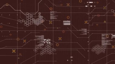 Kahverengi arka planda işaretleyici ve veri işleme animasyonları. küresel bağlantılar, dijital arayüz ve dijital olarak oluşturulmuş video işleme konsepti.