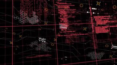 Siyah arkaplan üzerinde işaret ve veri işleme animasyonları. küresel bağlantılar, dijital arayüz ve dijital olarak oluşturulmuş video işleme konsepti.