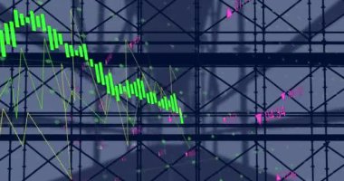 Ofis binası üzerinde finansal veri işleme animasyonu. küresel iş, finans, dijital arayüz ve dijital olarak oluşturulmuş video işleme kavramı.