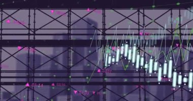 Ofis binası üzerinde finansal veri işleme animasyonu. küresel iş, finans, dijital arayüz ve dijital olarak oluşturulmuş video işleme kavramı.