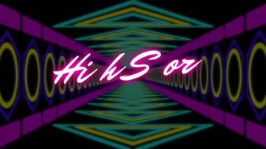 Siyah arkaplanda hareket eden şekiller üzerinde yüksek skorlu metin animasyonu. Retro gelecek ve dijital arayüz konsepti dijital olarak oluşturulmuş video.