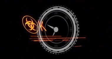 Animation of biohazard symbol and emergency text over clock. ukraine crisis and international politics concept digitally generated video.