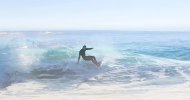 Animation Landscape Ocean Caucasian Male Surfer Surfing Ocean Day Celebration — Stock video