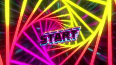 Siyah arkaplan üzerinde hareket eden şekiller üzerine metin başlatma canlandırması. Retro gelecek ve dijital arayüz konsepti dijital olarak oluşturulmuş video.