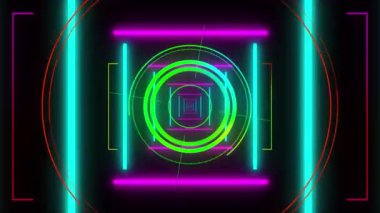 Siyah arkaplanda hareket eden şekillerin animasyonu. Retro gelecek ve dijital arayüz konsepti dijital olarak oluşturulmuş video.