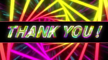 Siyah arkaplanda hareket eden şekiller üzerinden teşekkür metninin canlandırması. Retro gelecek ve dijital arayüz konsepti dijital olarak oluşturulmuş video.