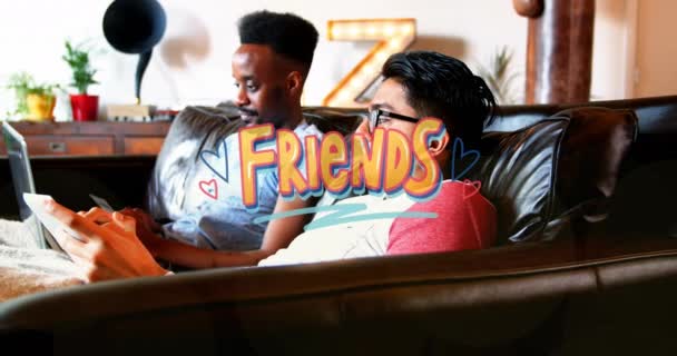 Animation Friends Text Happy Diverse Male Friends Talking Social Media — Stok video