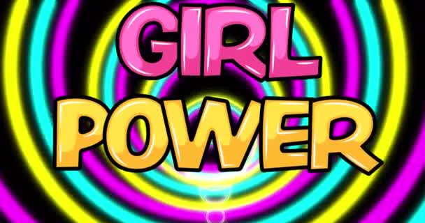 Animation Girl Power Text Moving Shapes Black Background Retro Future — Stockvideo