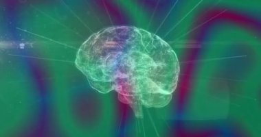 Beynin animasyonu ve renkli arka plandaki şekiller. Retro gelecek ve dijital arayüz konsepti dijital olarak oluşturulmuş video.