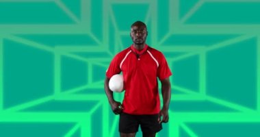 Afro-Amerikan Amerikan erkek Amerikan futbolcusunun şekilleri üzerinde topu olan animasyonu. global spor ve dijital arayüz konsepti dijital olarak oluşturulmuş video.
