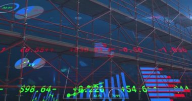 İskele üzerinde finansal veri işleme animasyonu. küresel kalkınma, iş dünyası, dijital arayüz ve dijital olarak oluşturulan veri işleme kavramı.