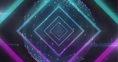 Siyah arkaplanda şekillerin ve kürenin animasyonu. Retro gelecek ve dijital arayüz konsepti dijital olarak oluşturulmuş video.