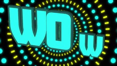 Siyah arkaplan üzerinde hareket eden şekiller üzerinde wow metin animasyonu. Retro gelecek ve dijital arayüz konsepti dijital olarak oluşturulmuş video.