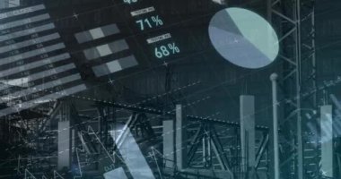 İnşaat alanındaki finansal veri işleme animasyonu. küresel kalkınma, işletme, finans, dijital arayüz ve dijital olarak oluşturulan veri işleme kavramı.