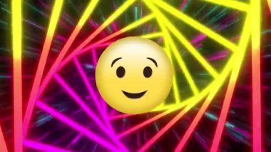 Animation of emoji icon over moving shapes. retro future and digital interface concept digitally generated video.